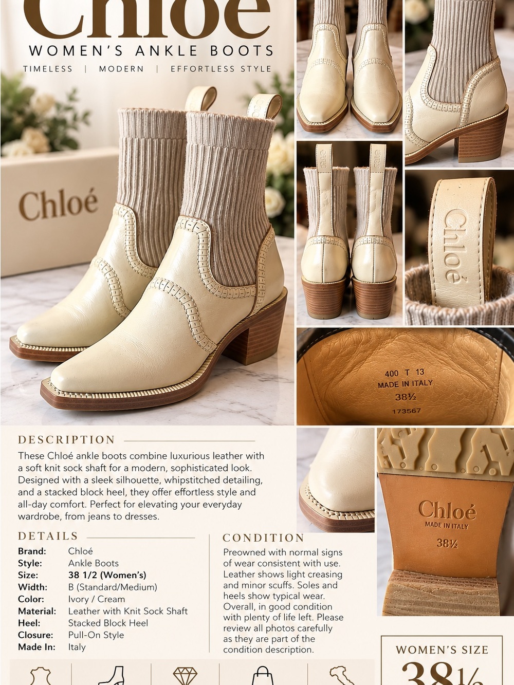 Chloé Ivory/Cream Leather Ankle Boots with Knit Sock Shaft
